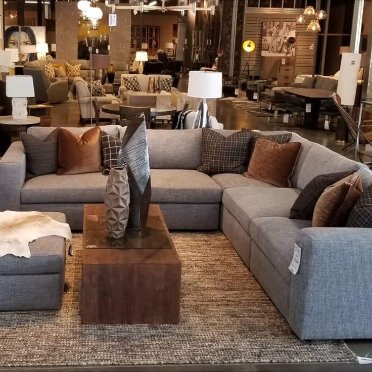 Sectional Sofa Heathered Weave Mixed Pillow Textures Plaid