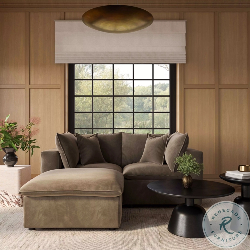 Sectional Sofa in Brown Velvet with Modular Ottoman Low Profile Design