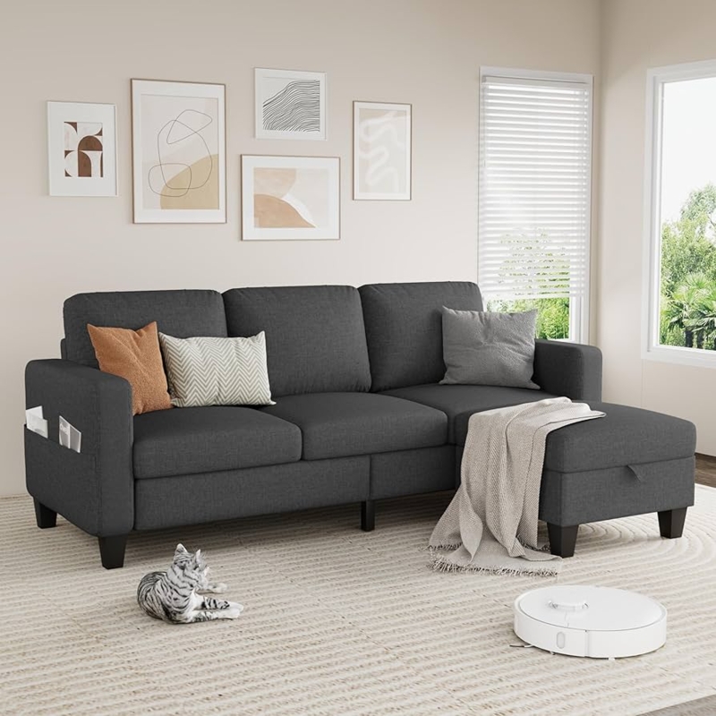 Sectional Sofa in Dark Grey Linen with Storage Ottoman for Small Spaces