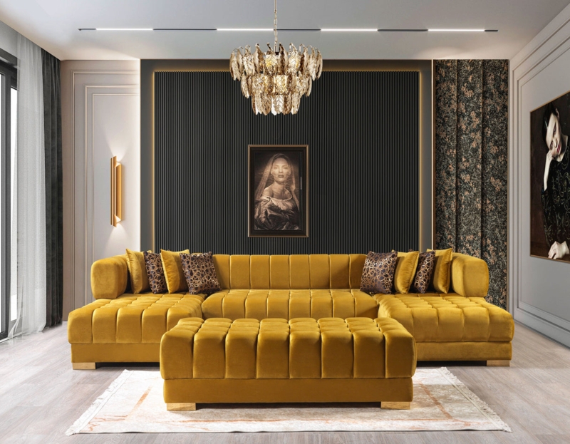 Sectional Sofa in Mustard Yellow Velvet, U-Shaped Double Chaise Layout