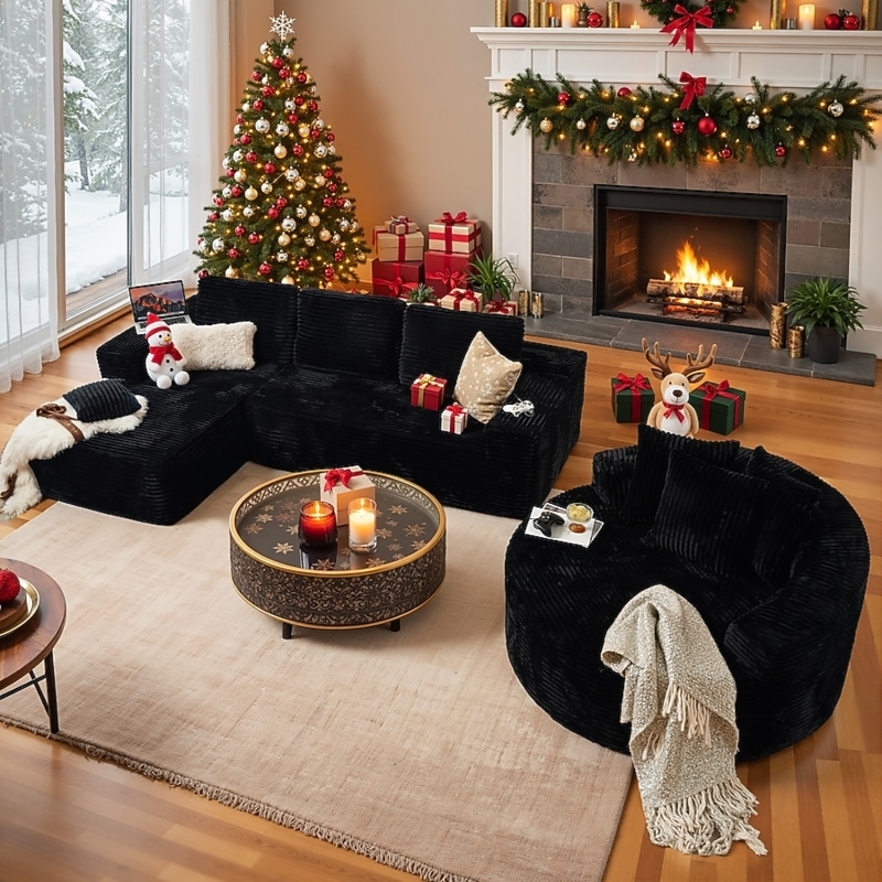 Sectional Sofa in Ribbed Plush, Cozy Oversized L-Shaped Couch