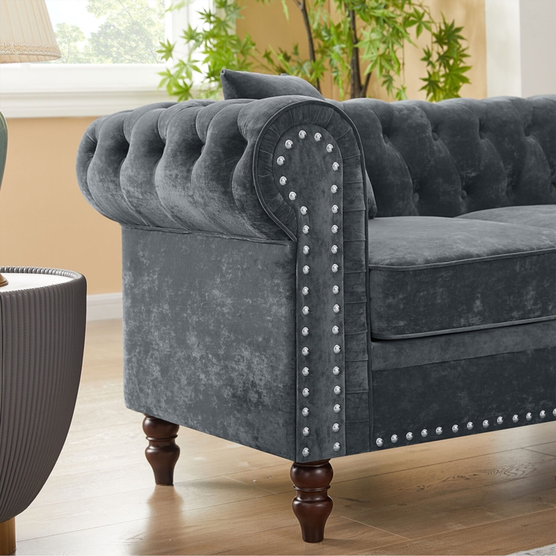 Sectional Sofa in Velvet with Silver Nailhead Trim and Turned Legs