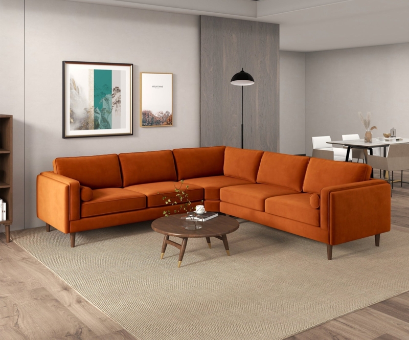 Sectional Sofa L-Shaped Burnt Orange Velvet Tapered Wood Legs