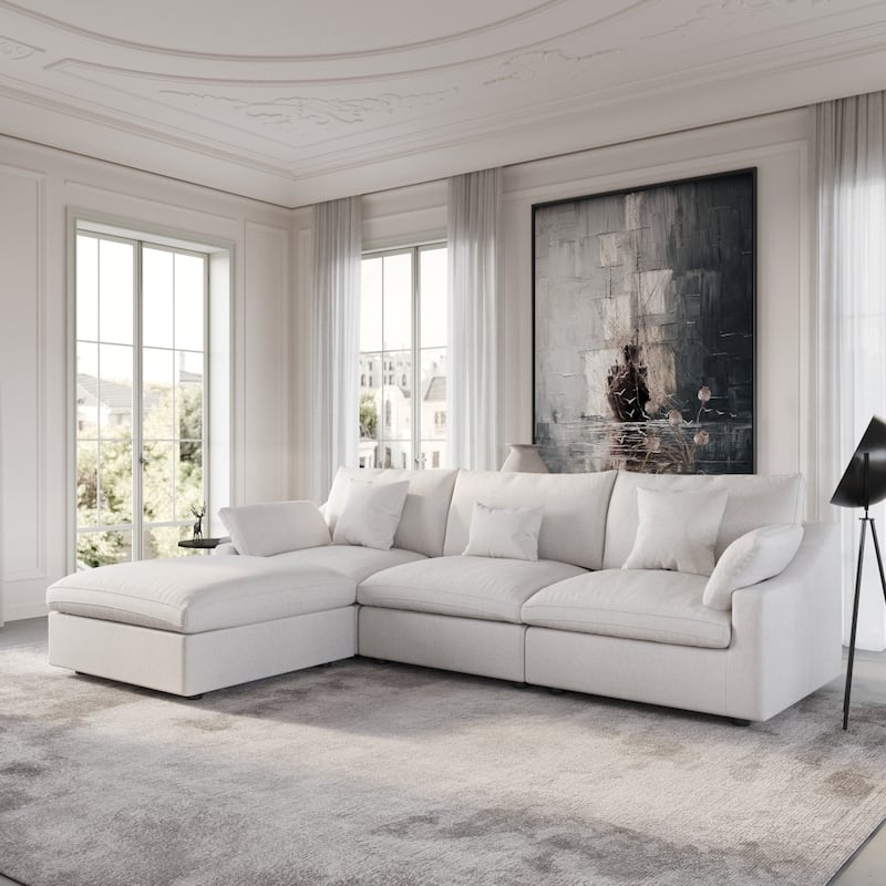 Sectional Sofa L-Shaped Cloud Silhouette Track Arms Off-White Linen