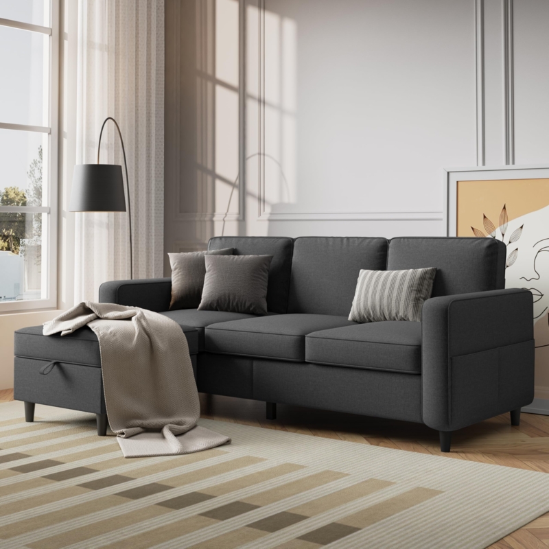 Sectional Sofa L-Shaped with Storage Ottoman and Tapered Legs