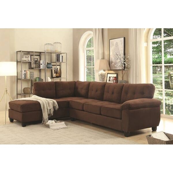 Sectional Sofa L-Shaped with Tufted Back, Chocolate Microsuede & Block Legs
