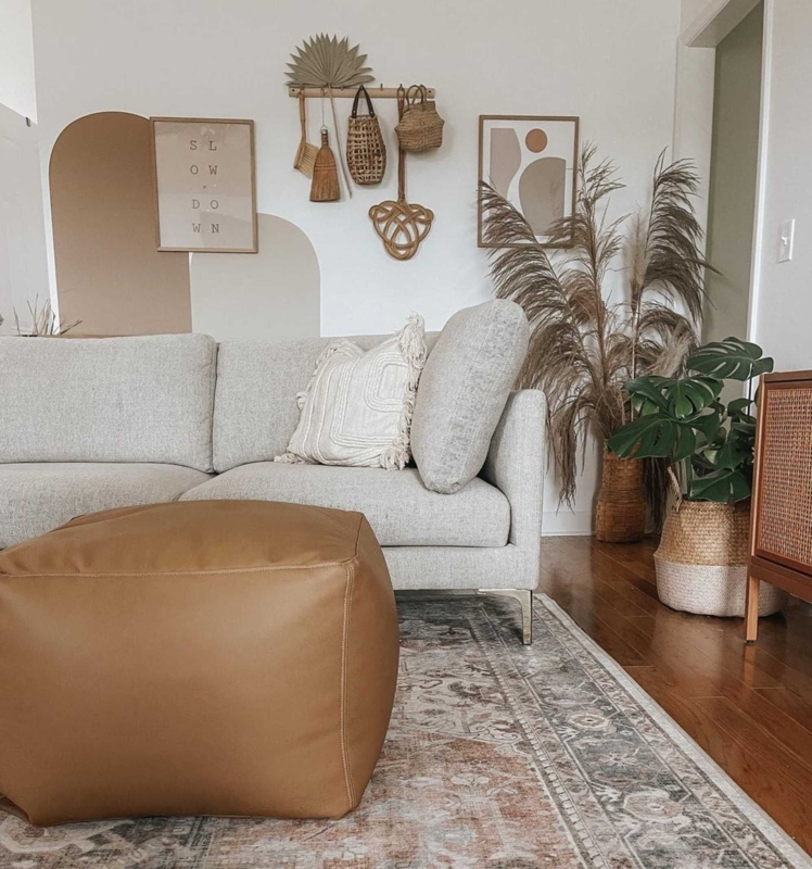 Sectional Sofa Light Gray Caramel Leather Pouf Boho Modern