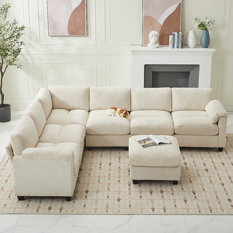 Sectional Sofa Linen-Like Beige Track Arms Spacious Family Room Seating