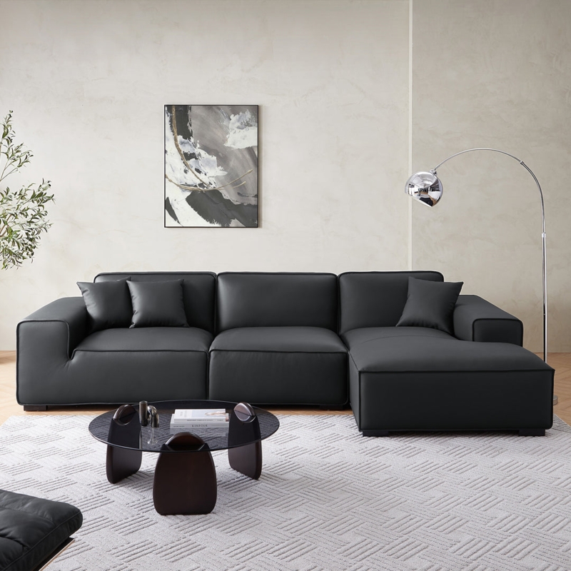 Sectional Sofa, Low Profile Modular Black Leather-Like Couch Blocks