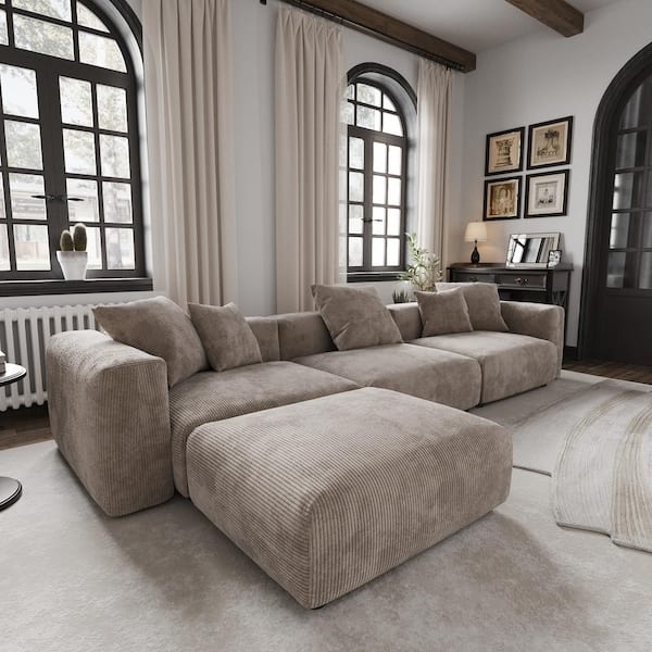 Sectional Sofa Low Profile Ribbed Texture Brown Modular