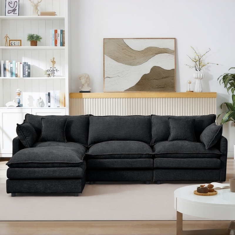 Sectional Sofa, Minimalist Charcoal with Low Profile and Movable Ottoman