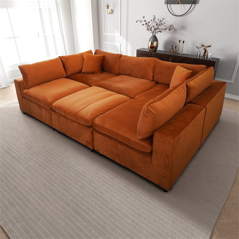 Sectional Sofa Modular Cognac Velvet Pit Configuration Low Profile