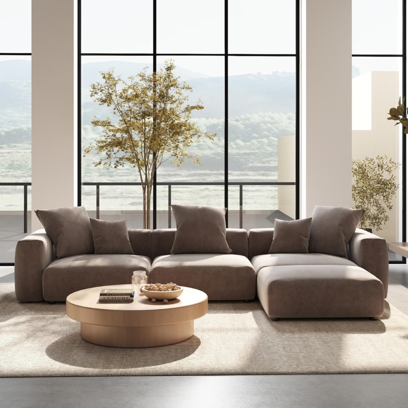 Sectional Sofa Modular Design Brown Ribbed Texture Oversized