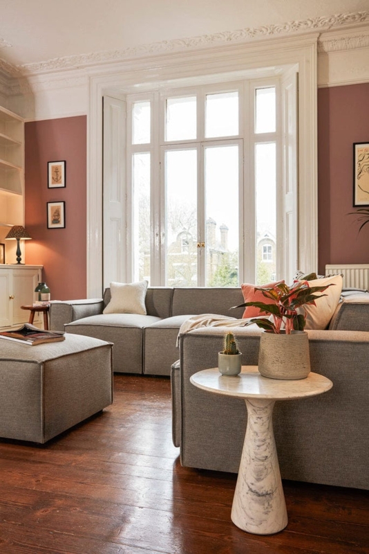 Sectional Sofa Modular Dusty Rose Walls Ornate Molding