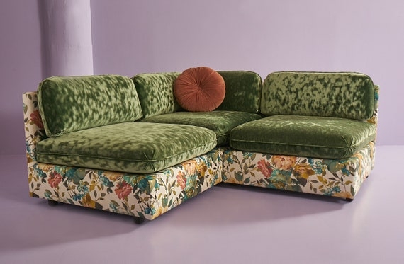 Sectional Sofa Modular Green Velvet Floral Base Retro Style Couch