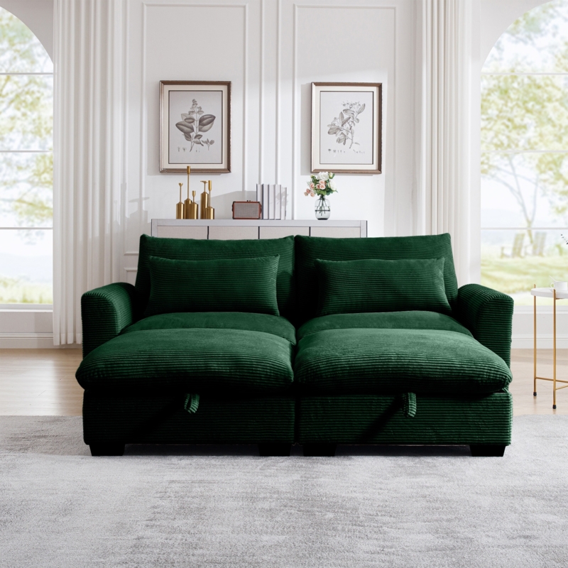 Sectional Sofa Modular Ottoman Configuration Green Corduroy Lounge