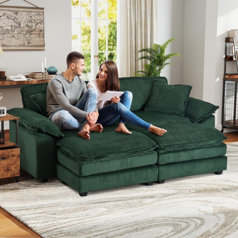 Sectional Sofa Modular Sleeper Green Corduroy Cloud Couch