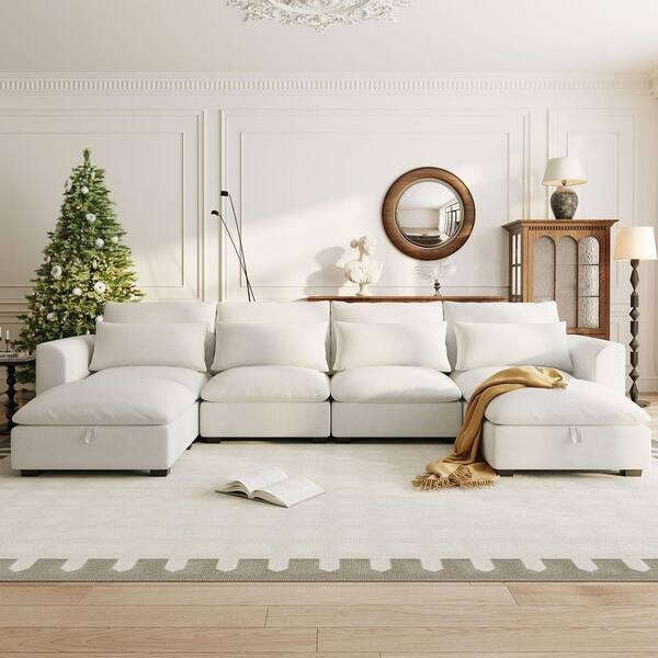 Sectional Sofa Modular U-Shaped Storage Ottomans Beige Linen Blend
