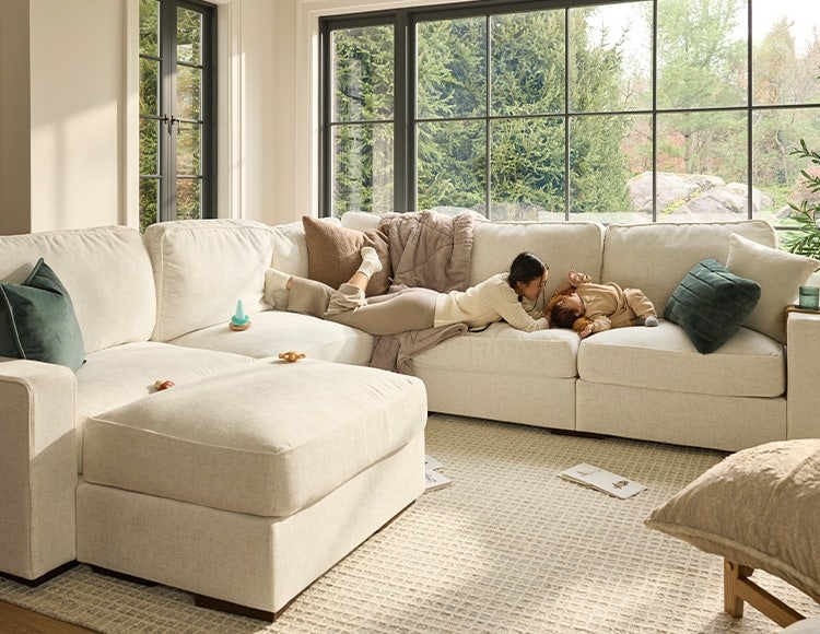 Sectional Sofa Modular with Matching Ottoman Linen Like Fabric
