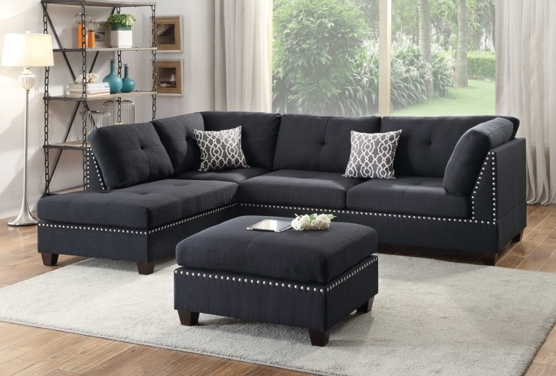 Sectional Sofa Nailhead Trim Tufted Seating Matching Ottoman L-Shaped