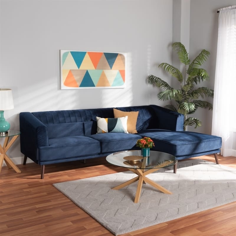 Sectional Sofa, Navy Blue, Channel Tufted Back, Right-Facing Chaise