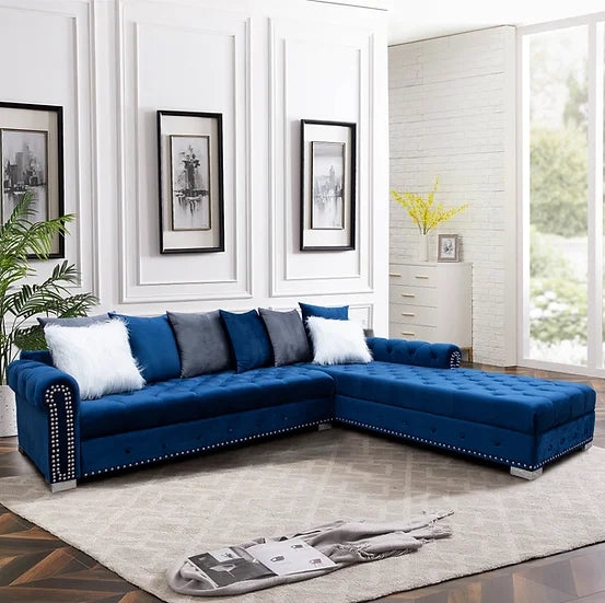 Sectional Sofa Navy Blue Velvet Grid Tufted Seating Low Profile