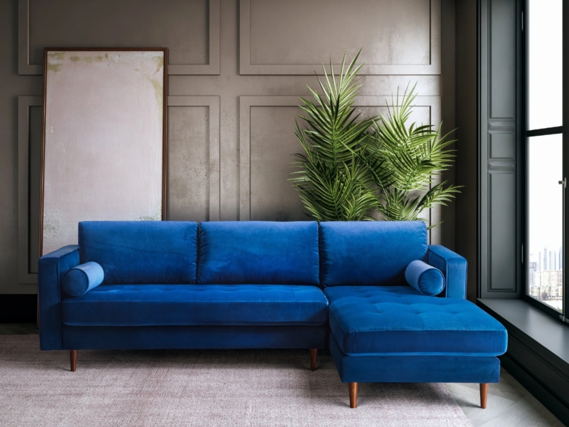 Sectional Sofa, Navy Blue Velvet-Like, Tufted Chaise, Tapered Wood Legs