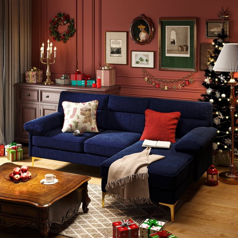 Sectional Sofa Navy Blue with Gold Tapered Legs Transitional Style