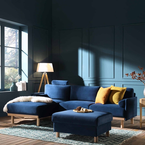 Sectional Sofa, Navy Velvet Chaise, Tapered Wood Legs, Ottoman