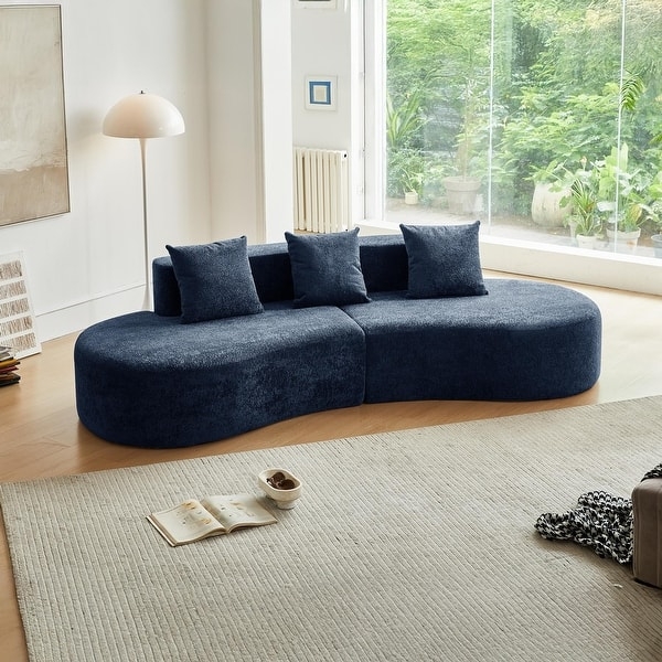 Sectional Sofa Navy Velvet Serpentine Shape Floor Level