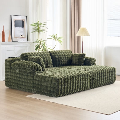 Sectional Sofa Olive Green Velvet Puffy Grid Texture