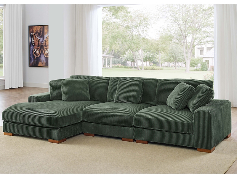 Sectional Sofa Oversized Chaise Deep Green Corduroy Wide Wale