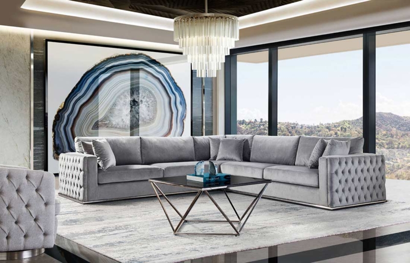 Sectional Sofa: Platinum Grey Velvet with Tufted Arms, Modern Glam Style