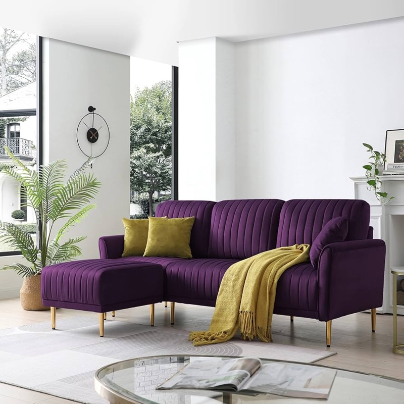 Sectional Sofa Purple Velvet Channel Tufting Gold Legs Convertible Chaise