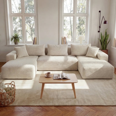 Sectional Sofa Ribbed Corduroy Fabric U-Shaped Silhouette Cream