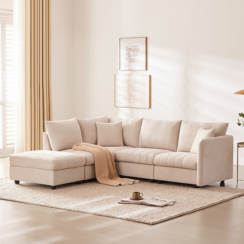 Sectional Sofa Ribbed Upholstered Beige Modular with Ottoman