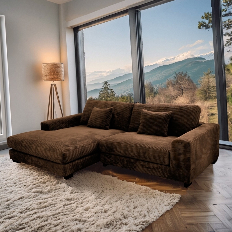 Sectional Sofa Rustic Brown Ribbed Corduroy Left Facing Chaise