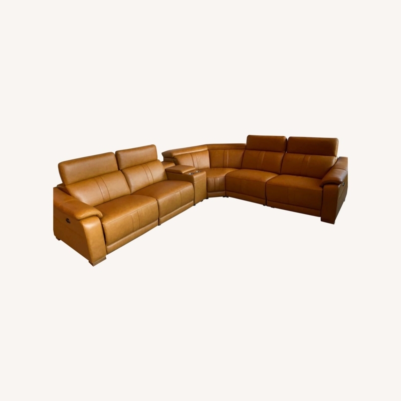 Sectional Sofa Tan L-Shaped Adjustable Headrests, Power Reclining Console
