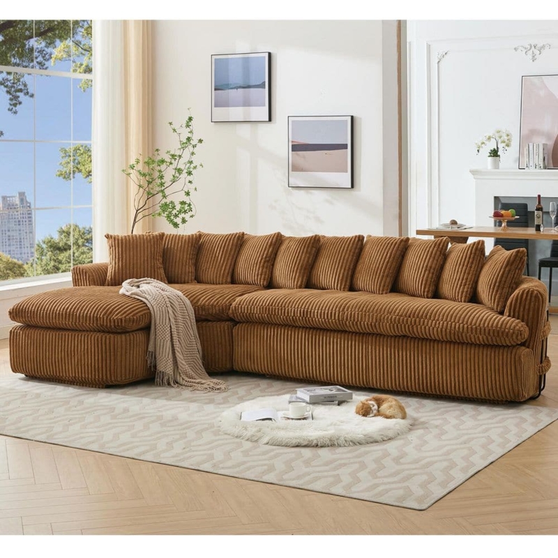 Sectional Sofa Tobacco Brown Corduroy L-Shaped Ribbed Fabric