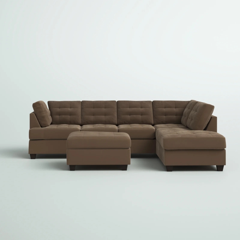 Sectional Sofa Truffle Brown Microfiber Grid Tufted with Matching Ottoman