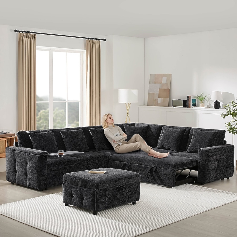 Sectional Sofa U Shaped Dark Brown Chenille Pull Out Sleeper Bed