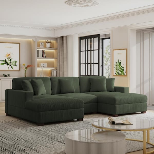 Sectional Sofa U-Shaped Green Corduroy Square Arms Modular