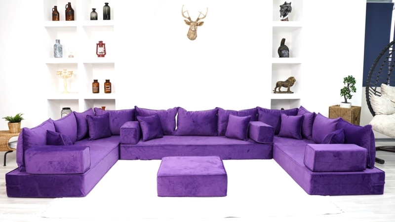Sectional Sofa U-Shaped Modular Floor Seating Purple Velvet