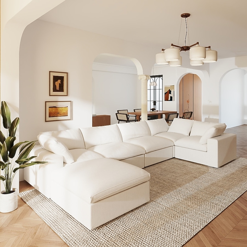 Sectional Sofa U-Shaped Modular Slipcovered Base Plush Linen