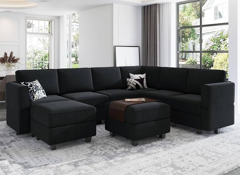 Sectional Sofa, U-Shaped Modular with Velvet-Like Texture and Low Feet