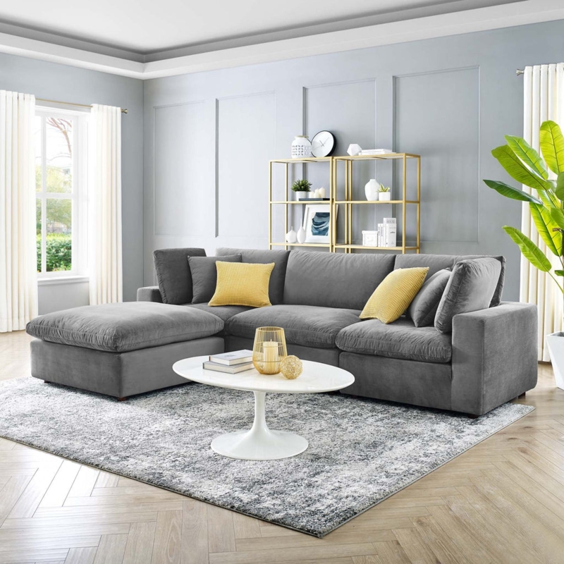Sectional Sofa Velvet Upholstery with Overstuffed Silhouette