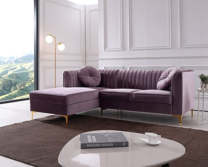 Sectional Sofa Vertical Channel Tufting Gold Legs Chaise Lounge Modern