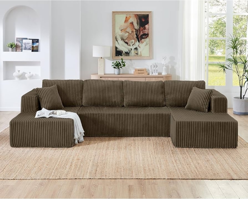 Sectional Sofa Warm Brown Ribbed Corduroy U-Shaped Modular Design