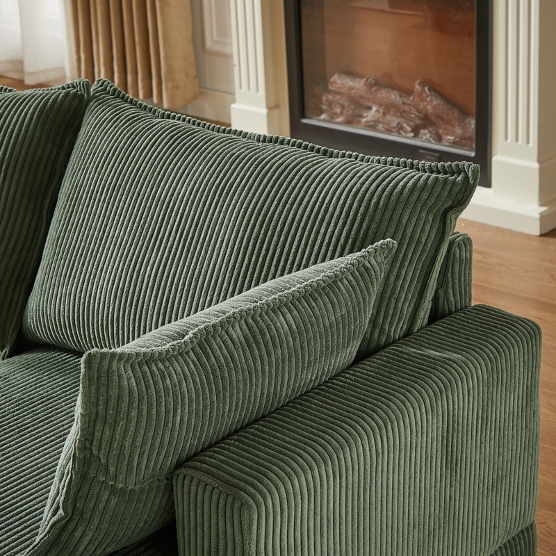 Sectional Sofa Wide Wale Ribbing Green Corduroy Plush Cushions