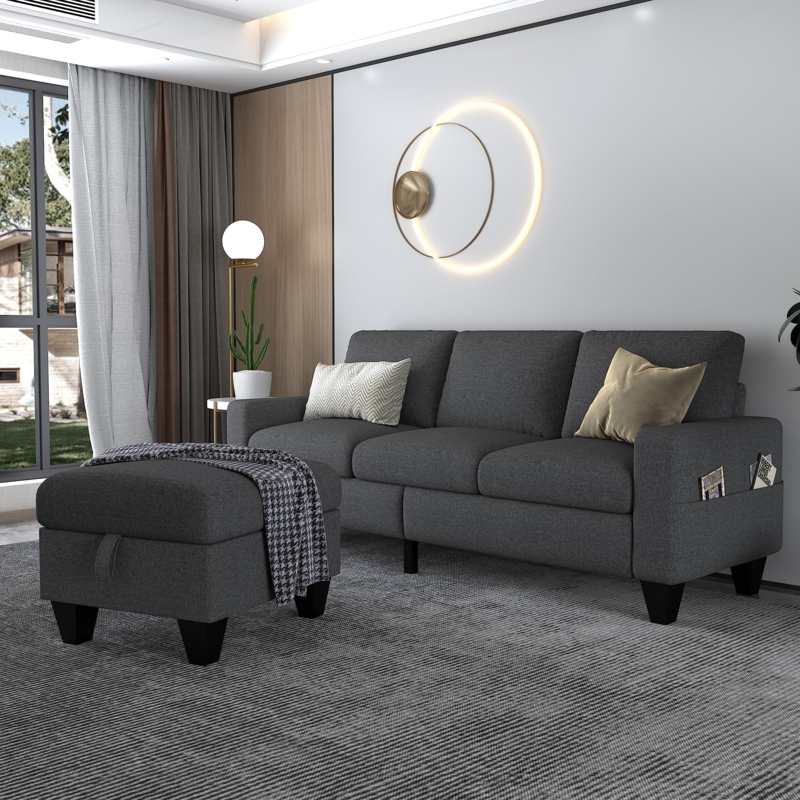 Sectional Sofa with Armrest Pockets, Storage Ottoman, Dark Grey Linen